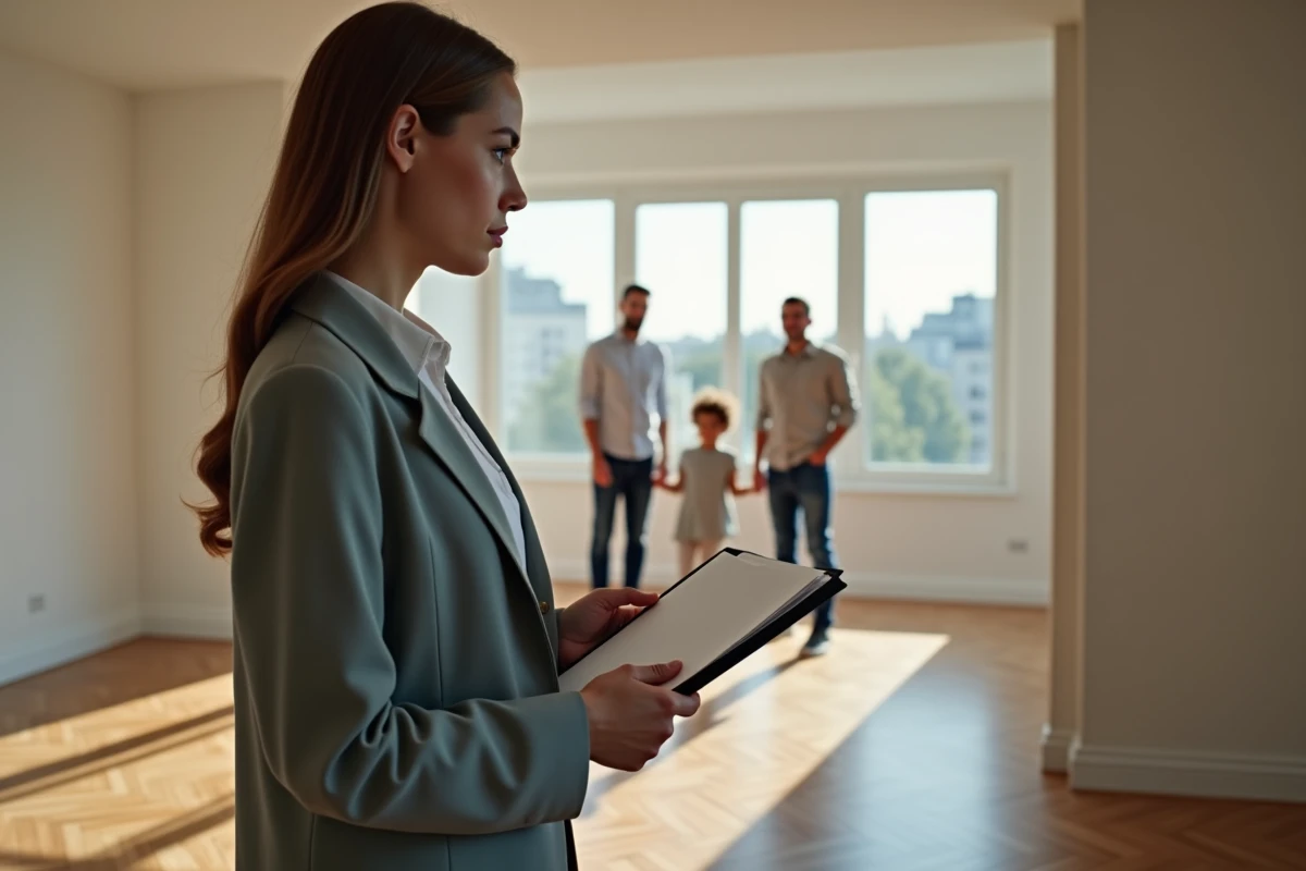 Jeune agent immobilier montrant un appartement à une famille
