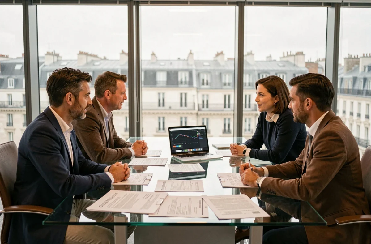 Réunion professionnelle de l'alliance Vivafilm autour d'une table de conférence moderne à Paris avec des scripts et contrats de distribution cinématographique