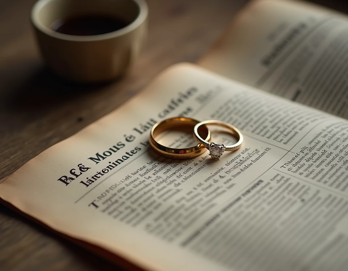 Alliances en or et bague de fiançailles posées sur un journal français, symbolisant une rumeur de mariage entre personnalités médiatiques