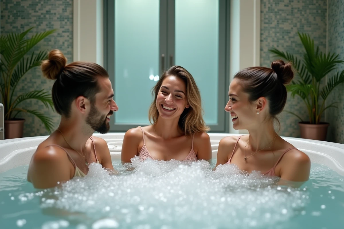 Trois amis dans un jacuzzi en spa intérieur