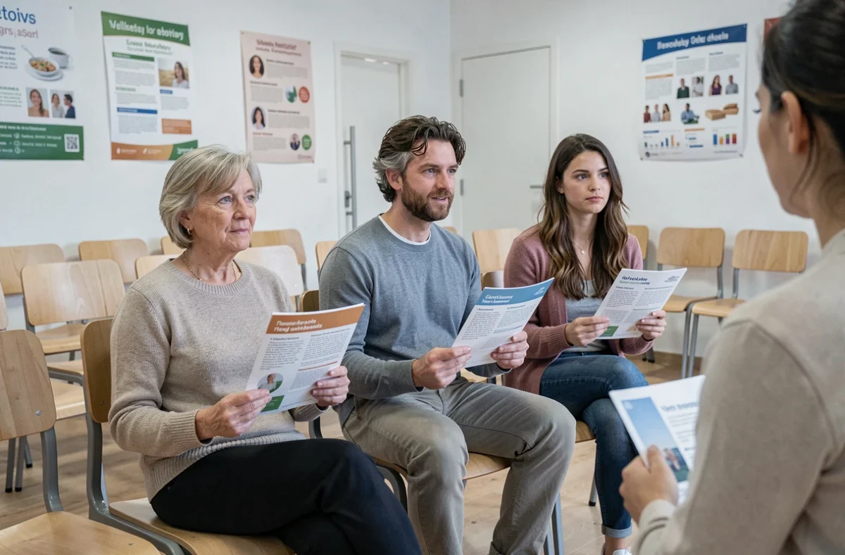 Groupe de trois adultes participant à un atelier de sensibilisation à la santé, tenant des brochures médicales dans une salle lumineuse