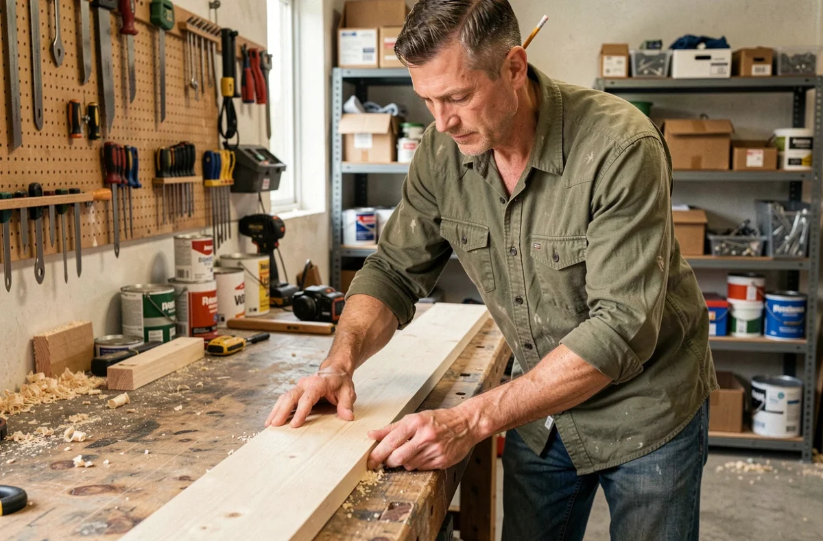 Homme bricoleur mesurant une planche en bois dans un atelier de garage à domicile