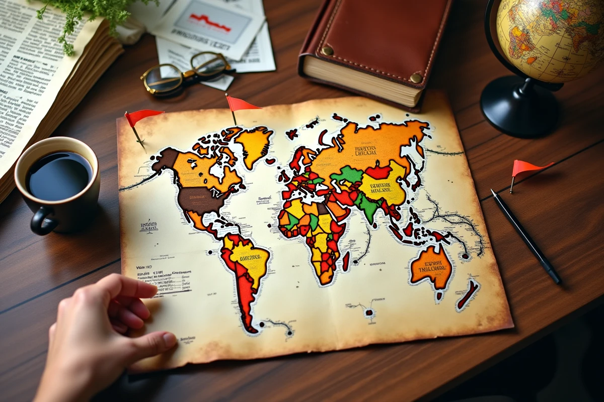 Vue aérienne d'un bureau avec carte du monde, statistiques PIB manuscrites et journaux économiques internationaux