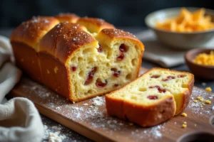 Cake lardons gruyère tranché sur une planche en bois révélant une mie moelleuse dorée avec des lardons croustillants et du fromage fondu
