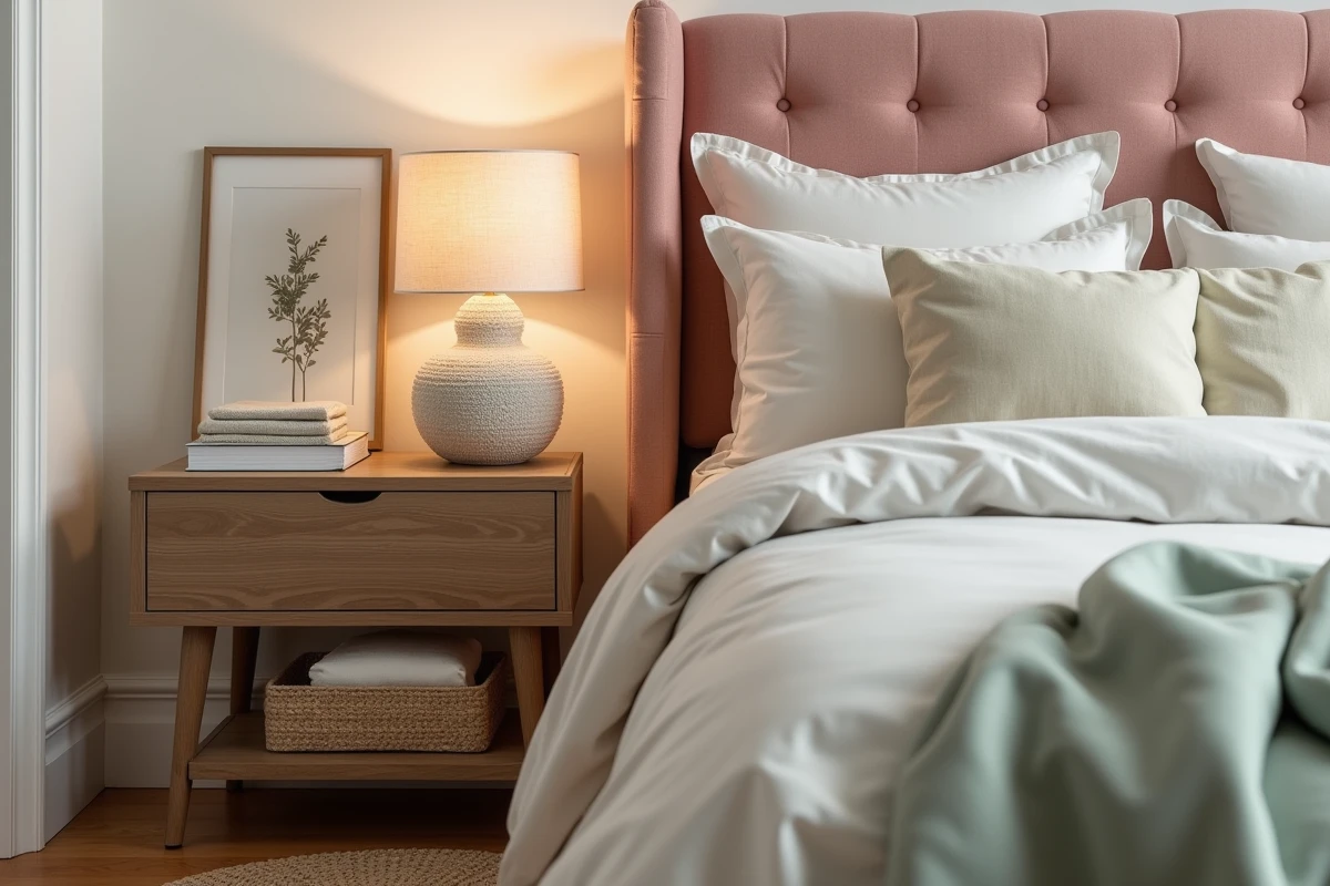 Coin chambre moderne et chaleureux avec tête de lit en lin rose poudré, literie en coton ivoire et table de nuit en chêne