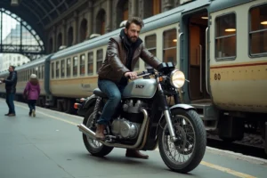 Un homme charge sa moto de voyage sur un wagon SNCF dans une gare européenne, illustrant le transport de moto en train