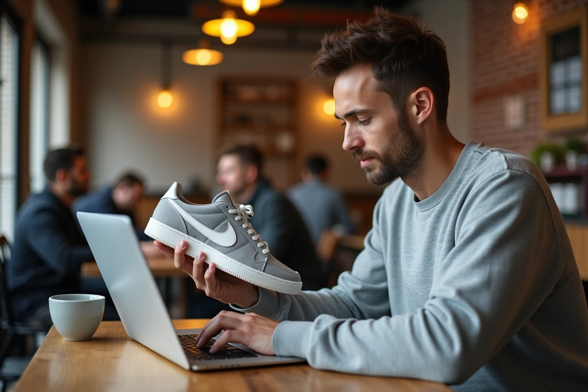 Homme comparant une basket avec une fiche produit en ligne dans un café pour détecter une contrefaçon