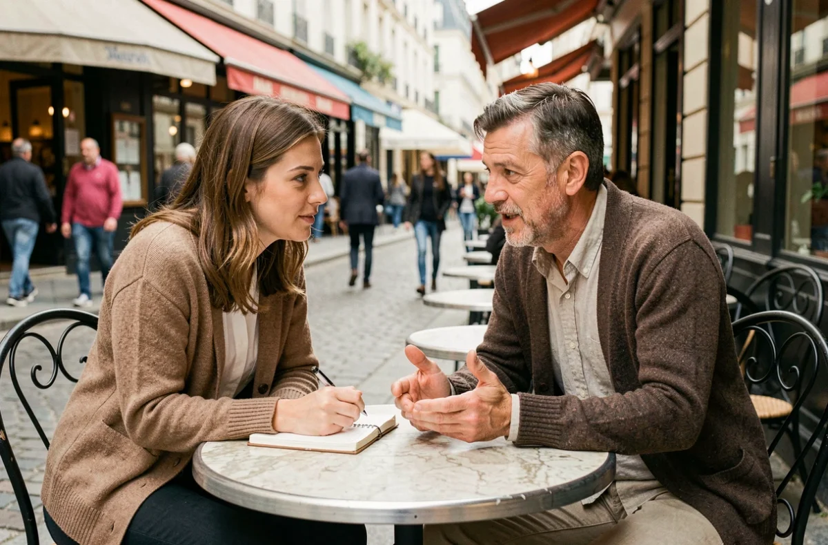Deux collègues discutant d'une décision professionnelle importante en terrasse dans un cadre urbain authentique