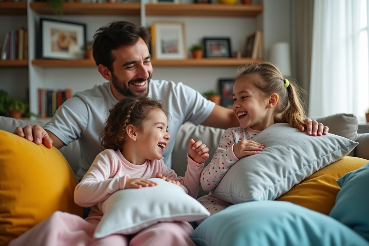 Enfants construisant un fort avec leur père dans un salon lumineux