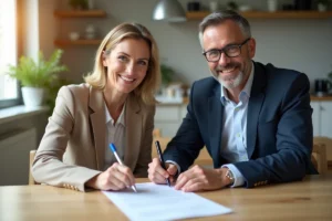 Couple souriant signant un contrat dans une cuisine moderne