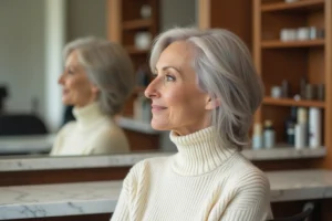 Femme de 60 ans aux cheveux en carré plongeant avec reflets, assise dans un salon de coiffure moderne se regardant dans le miroir
