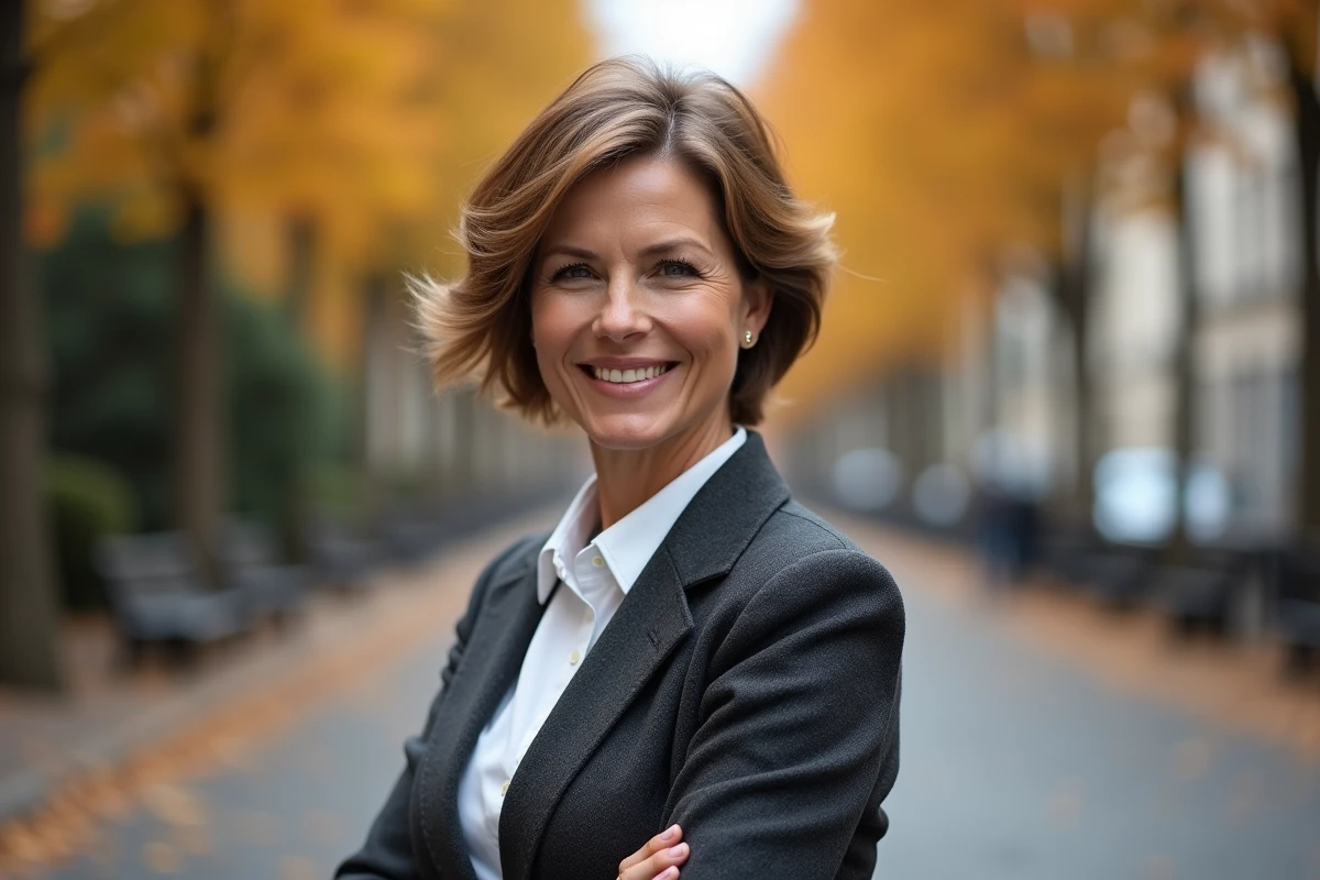 Femme de 60 ans avec une coupe pixie volumineuse et ondulée en extérieur dans une rue parisienne en automne