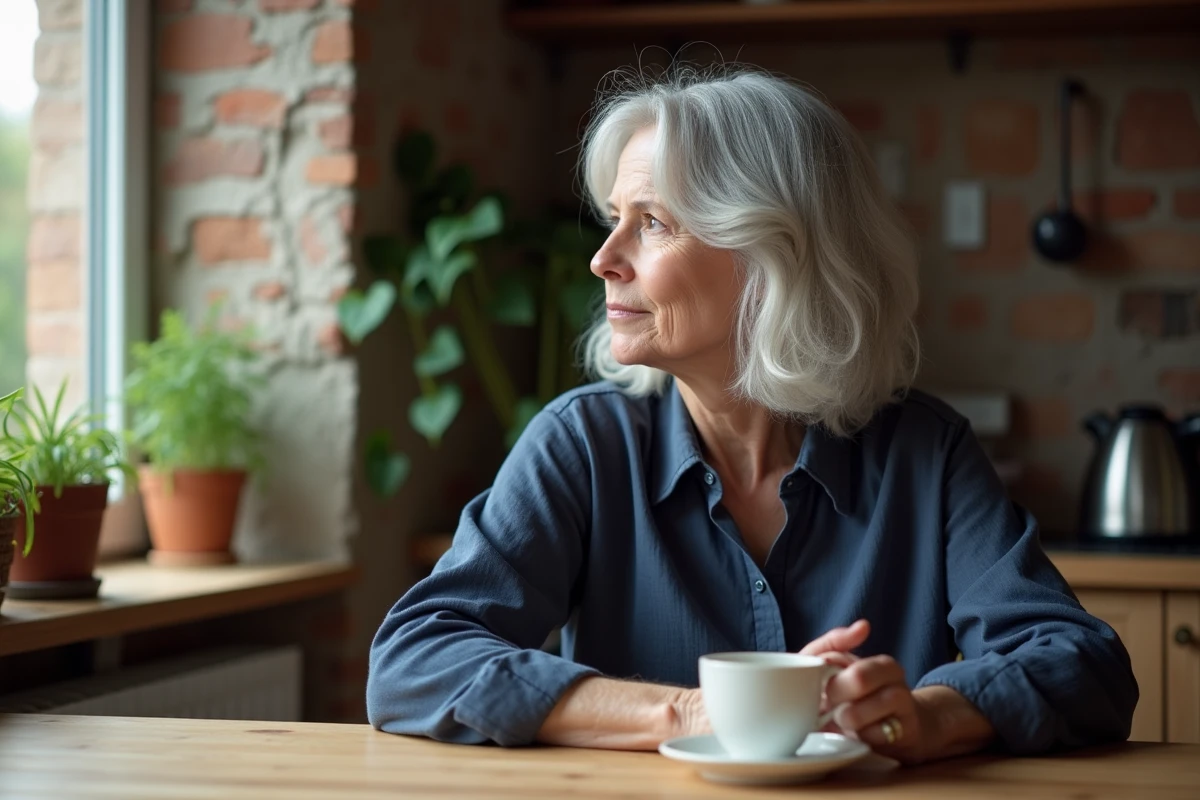 Femme de 60 ans aux cheveux argentés en coupe shag avec frange rideau, assise à une table de cuisine en bois avec une tasse de café