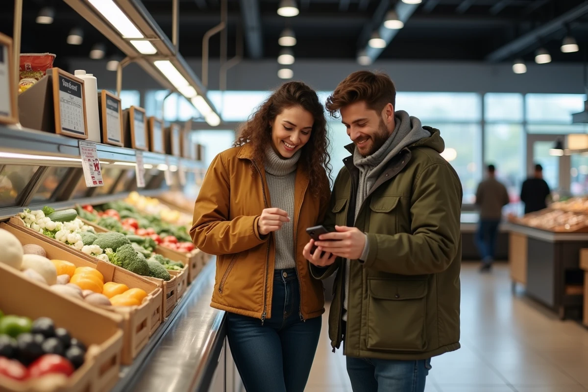 Jeune couple regardant un calendrier sur smartphone au supermarche