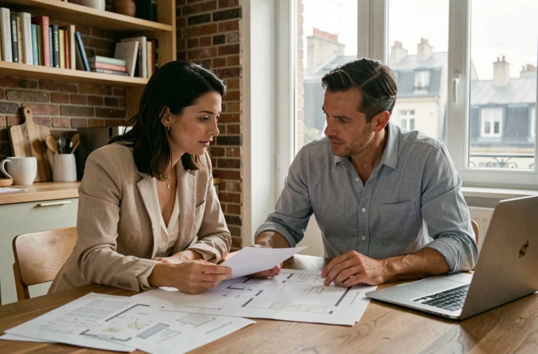 Couple examinant des documents immobiliers pour deux résidences principales à leur domicile