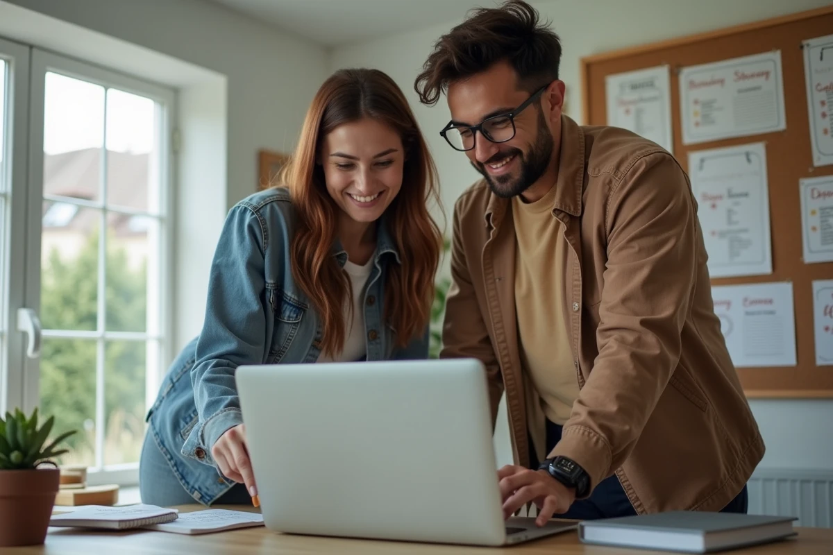 Couple utilisant un ordinateur portable pour gérer ensemble les courses et l'agenda familial dans un bureau à domicile