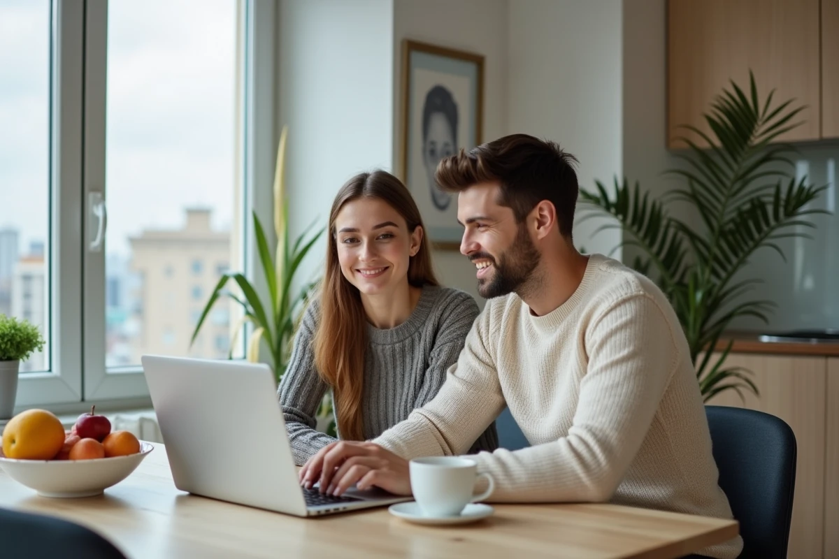 Jeune couple recherchant un bien immobilier en ligne