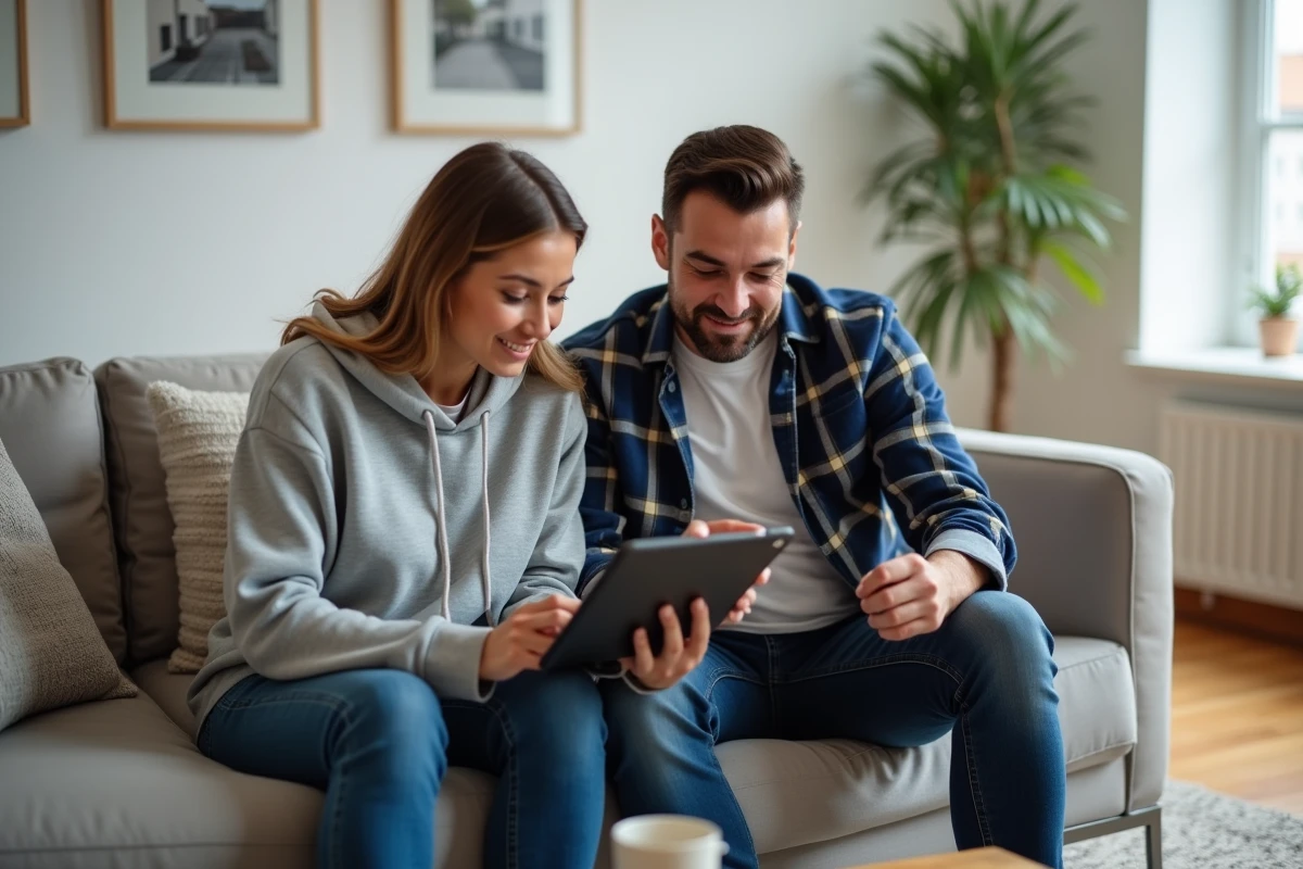 Couple consultant les images de caméras de sécurité connectées sur une tablette dans un salon équipé