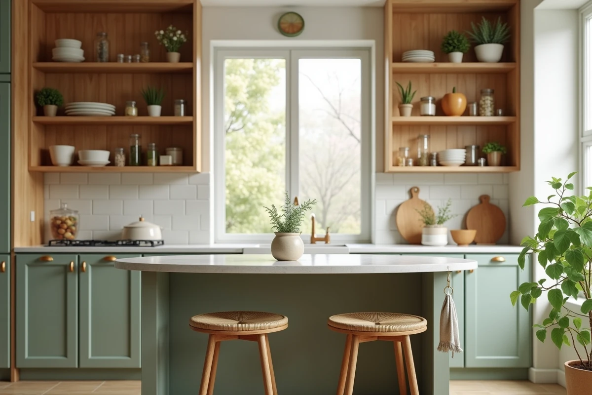 Cuisine chaleureuse et moderne avec armoires en bois, placards vert sauge, étagères ouvertes en céramique et îlot en marbre