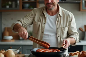 Homme d'âge moyen tournant des merguez dans une cuisine moderne