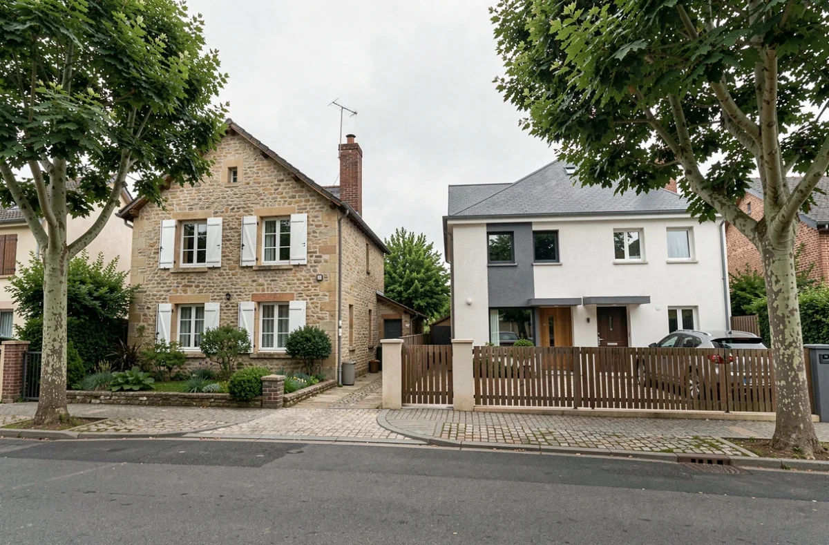 Deux maisons côte à côte dans une rue française illustrant la notion de double résidence principale en couple