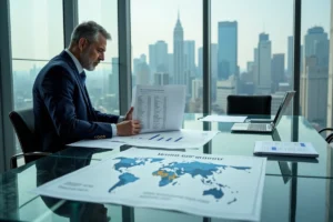 Économiste analysant un classement mondial des pays par PIB dans un bureau corporate moderne avec vue sur la ville