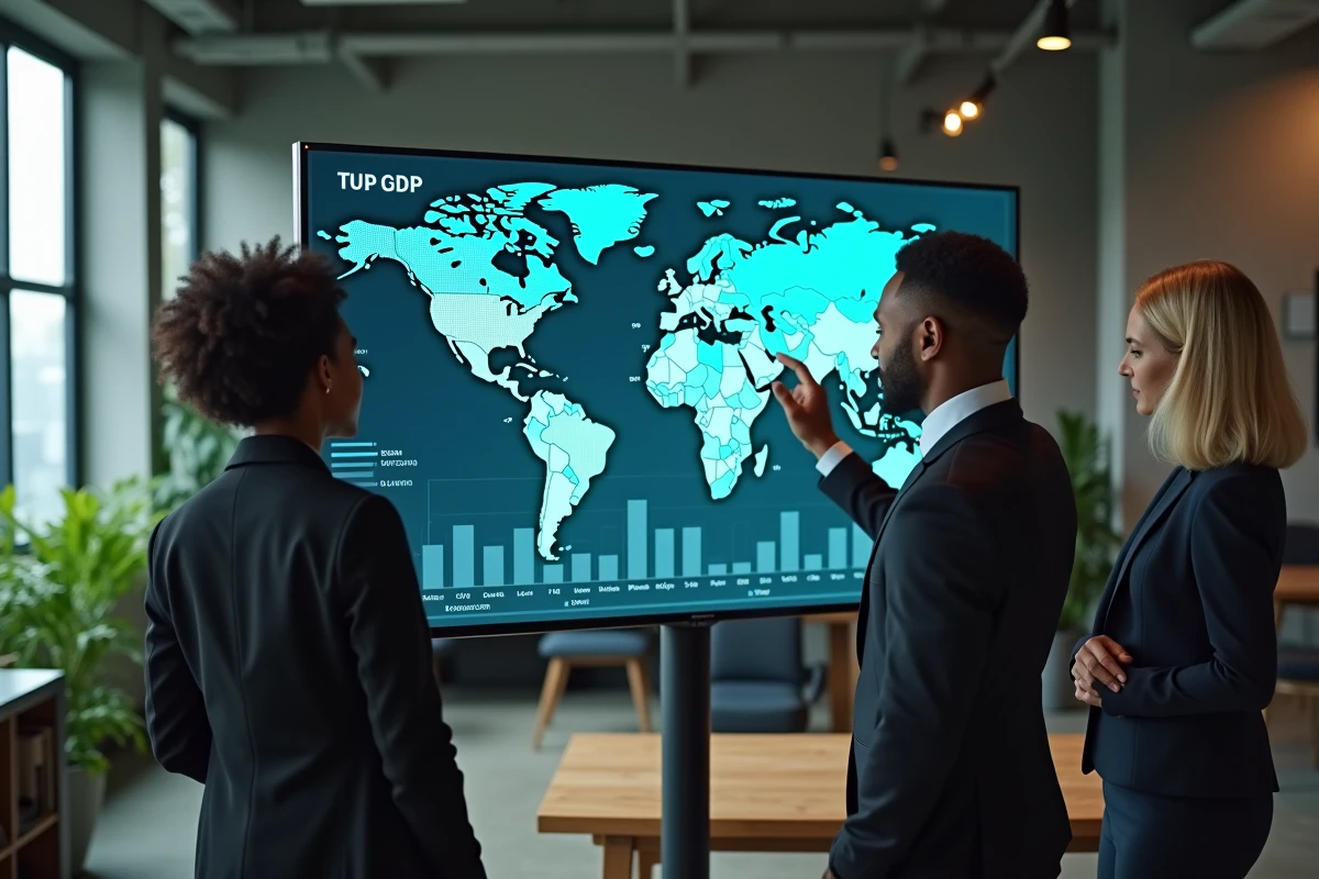 Équipe multiculturelle de professionnels analysant des graphiques de croissance économique mondiale sur écran interactif
