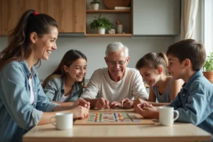 Famille multigenerational jouant à un jeu de société dans une cuisine chaleureuse