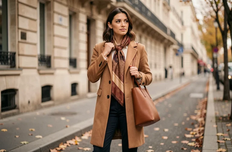 Femme élégante portant un manteau camel et un foulard en soie avec un sac en cuir structuré dans une rue parisienne en automne