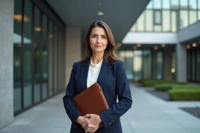 Femme d'affaires professionnelle devant un immeuble de bureaux moderne, tenant un portfolio en cuir, illustrant l'investissement immobilier professionnel