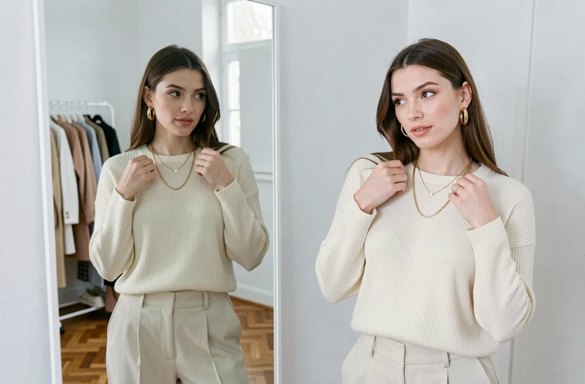 Jeune femme essayant des colliers dorés devant un miroir dans un dressing au style scandinave épuré