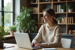 Femme en bureau à domicile avec ordinateur et plantes