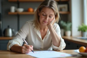Femme concentrée marquant des dates sur un calendrier dans la cuisine