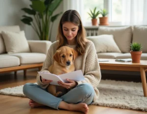 Femme tenant son chiot golden retriever dans ses bras en consultant des documents d'assurance pour animaux de compagnie dans un salon chaleureux