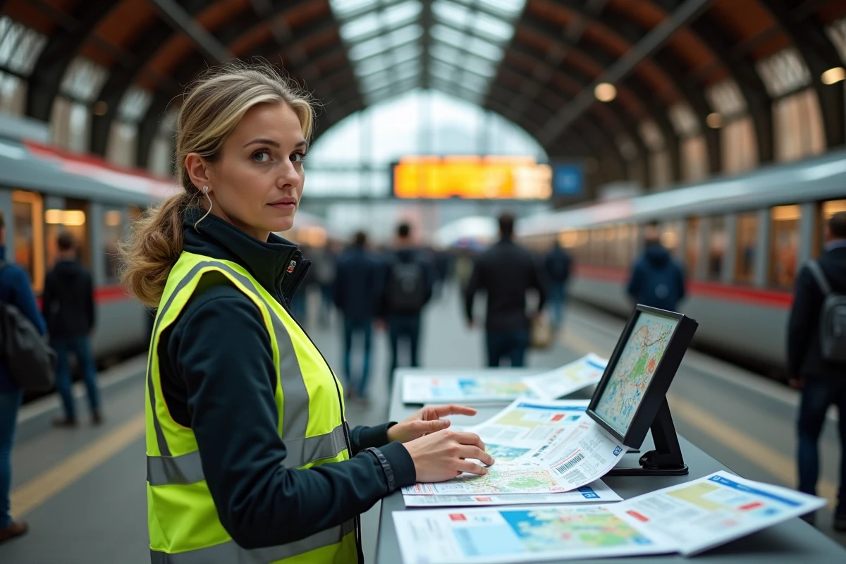 Une femme consulte les documents de transport SNCF pour acheminer sa moto en train à travers l'Europe dans une gare française