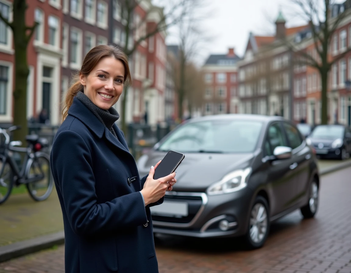 Femme consultant un portail d'enregistrement de véhicule sur smartphone devant une voiture garée à Amsterdam