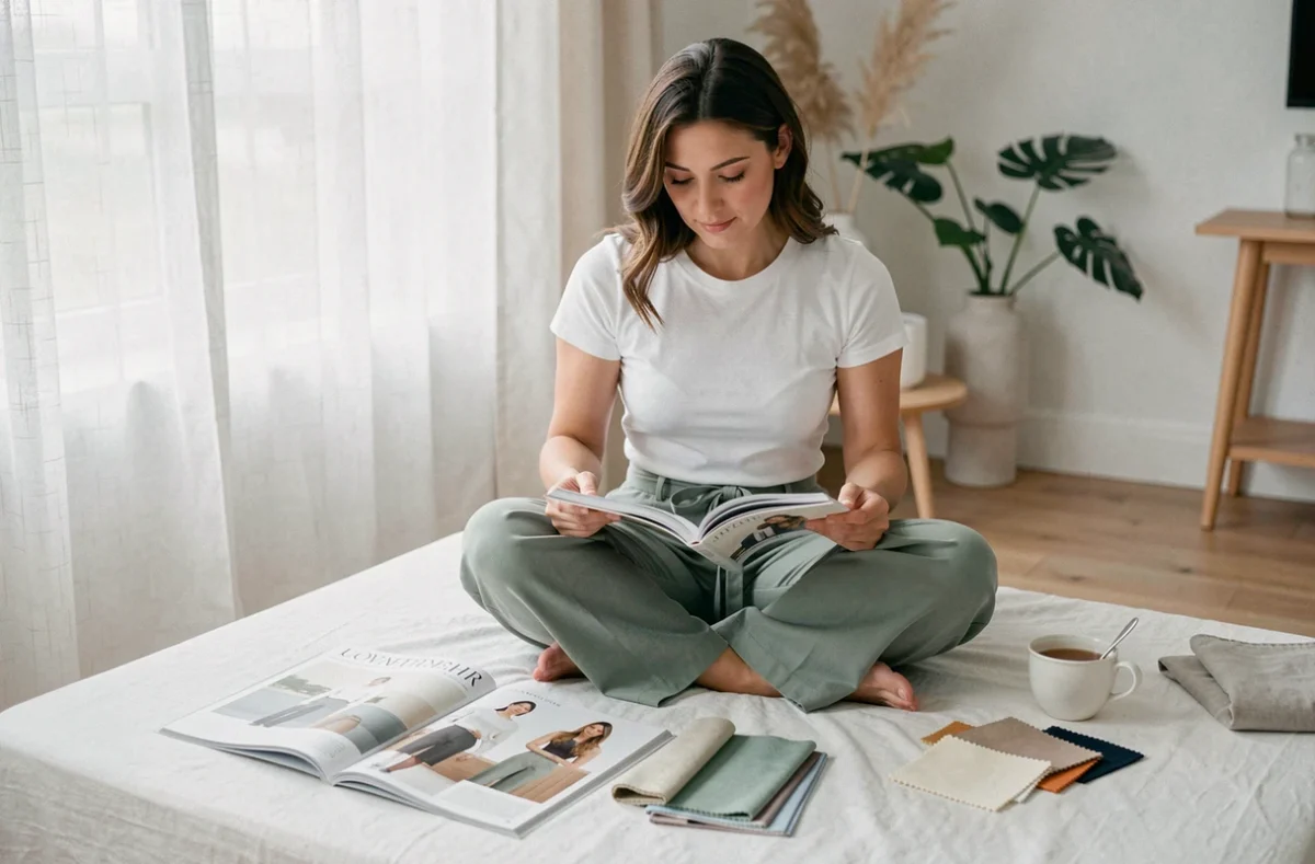 Femme inspirée parcourant des magazines de mode chez elle dans un intérieur scandinave, rubrique mode lifestyle et tendances