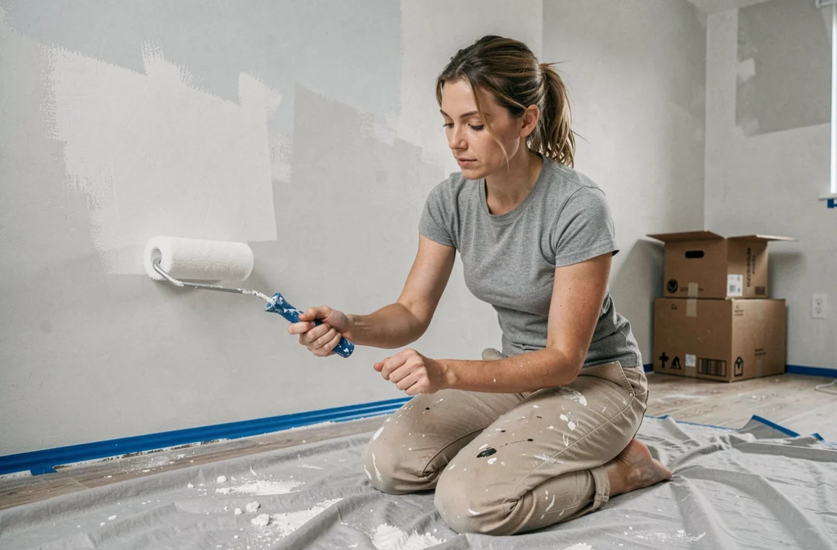 Femme en train de peindre un mur dans un salon en cours de rénovation