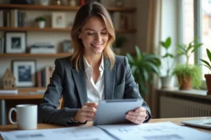 Femme professionnelle avec tablette et plans immobiliers