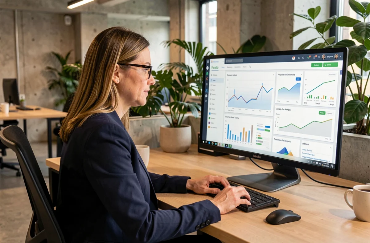 Professionnelle utilisant la plateforme Adivak sur un grand écran dans un bureau moderne