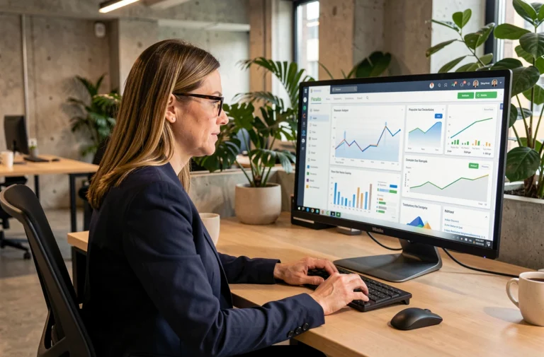 Professionnelle utilisant la plateforme Adivak sur un grand écran dans un bureau moderne