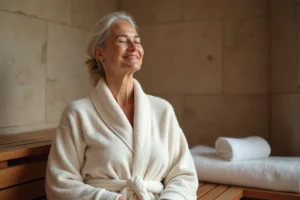 Femme détendue en robe coton dans un spa moderne