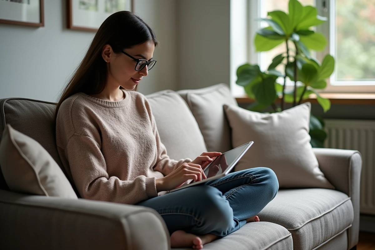 Jeune femme utilisant une tablette dans un salon confortable