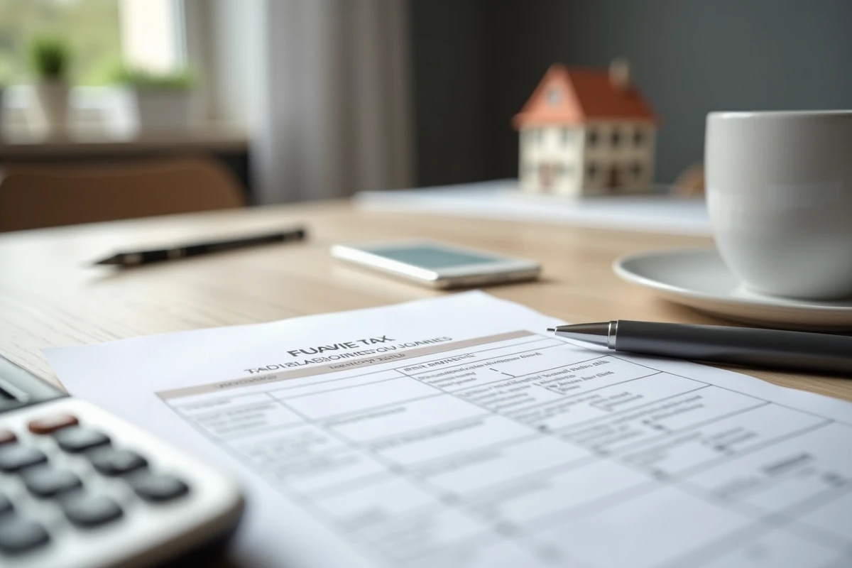 Formulaire de déclaration fiscale pour revenus fonciers avec calculatrice et modèle de maison sur un bureau