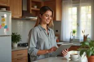 Mère de famille organisant le planning familial sur une tablette numérique dans une cuisine moderne et chaleureuse