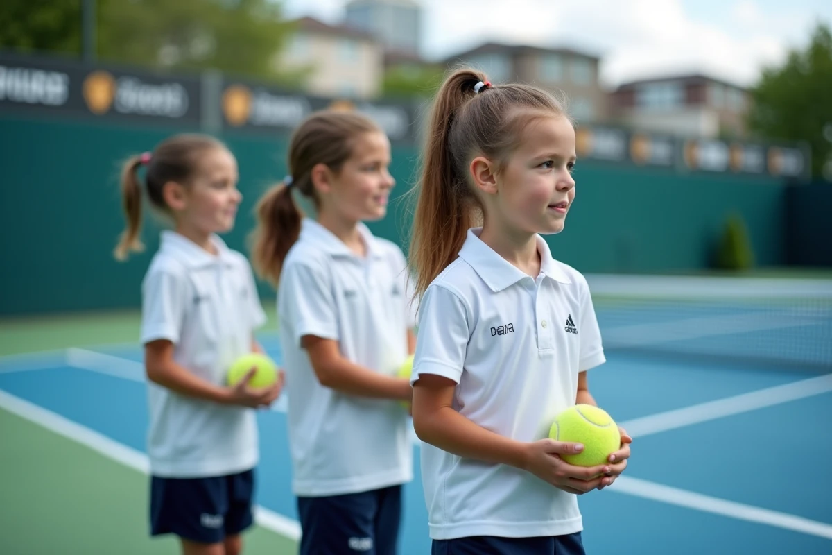 Groupe de ramasseurs de balle en uniforme officiel alignés le long d'un court de tennis en dur lors d'un tournoi professionnel