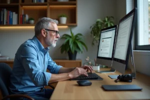 Homme d'âge moyen travaillant sur son ordinateur dans un bureau moderne