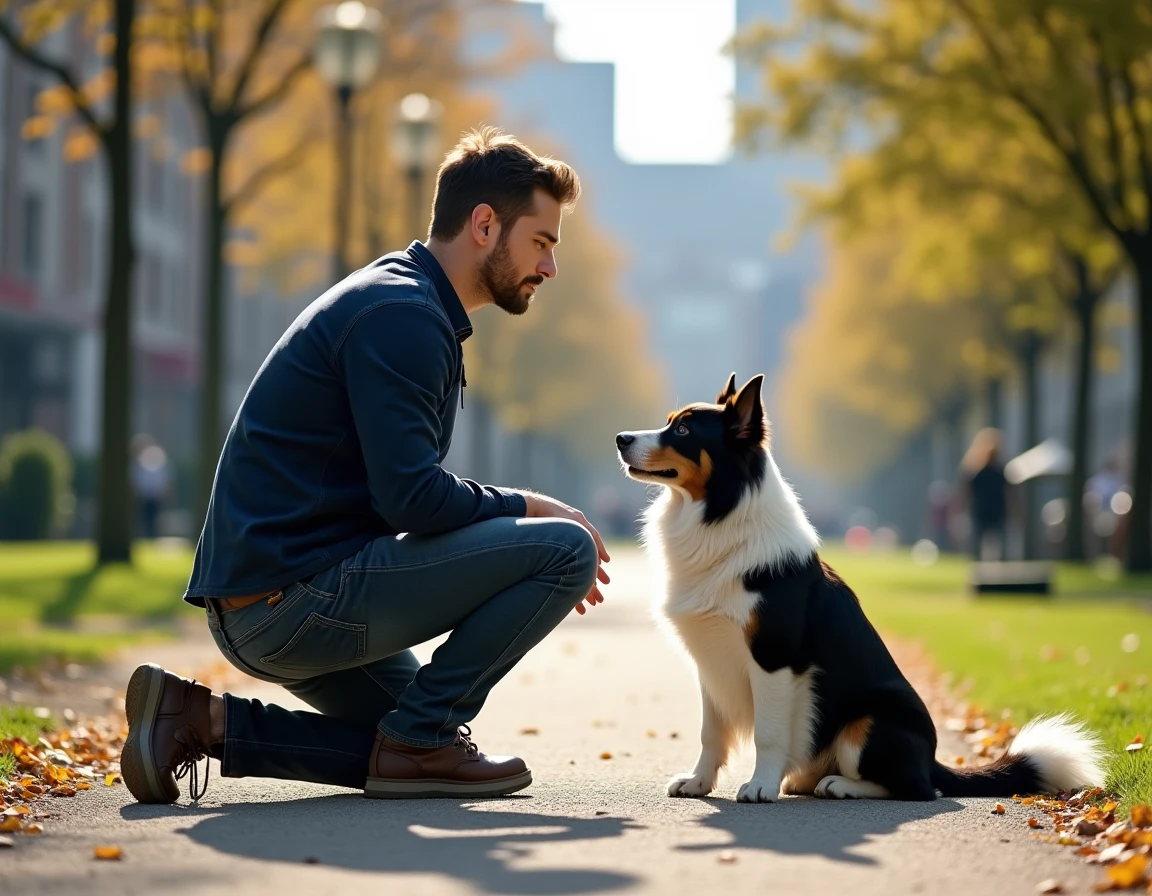 Homme agenouillé dans un parc urbain avec son border collie, symbolisant la responsabilité des propriétaires d'animaux et l'utilité d'une assurance adaptée