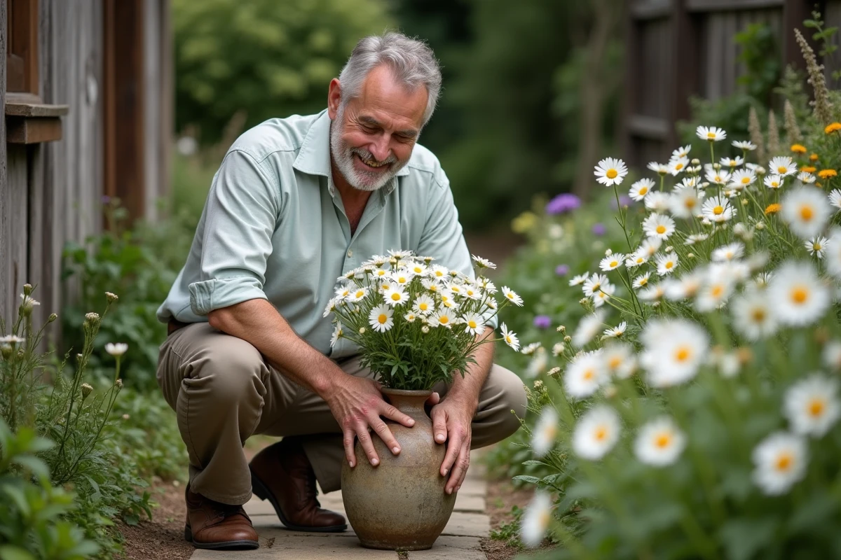 Homme arrangeant un bouquet de marguerites dans le jardin
