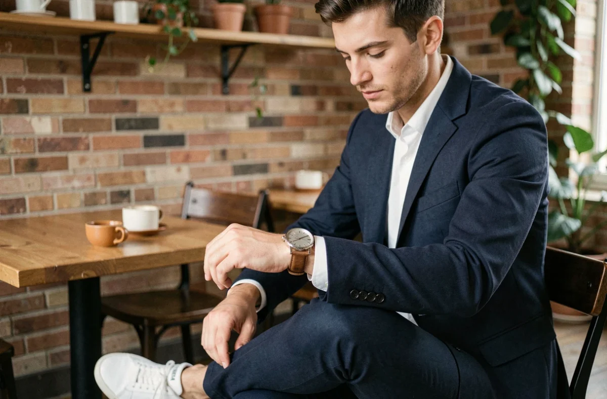 Homme élégant en blazer marine inspectant une montre minimaliste dans un café au décor contemporain